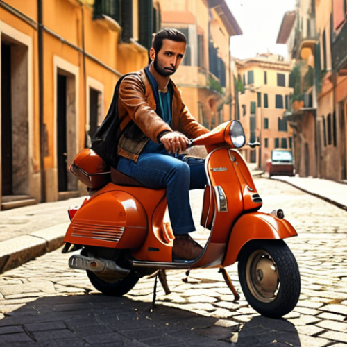 **

A determined entrepreneur bootstrapping a startup. He is selling his vintage Vespa to fund the project, with the backdrop of a sunny Italian street. Focus on the sacrifice and dedication, showing both the sadness of letting go and the hope for the future venture. Style: Realistic, warm colors.

**