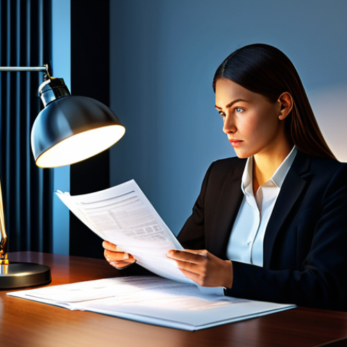 Home 12 Due Diligence**
"A serious, professional businesswoman in a fully clothed, tailored suit, reviewing financial documents under the soft glow of a modern office lamp. Safe for work, appropriate content, perfect anatomy, correct proportions, professional, high resolution, detailed."
**