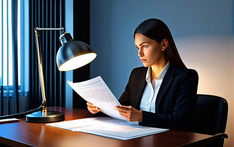 Due Diligence**
"A serious, professional businesswoman in a fully clothed, tailored suit, reviewing financial documents under the soft glow of a modern office lamp. Safe for work, appropriate content, perfect anatomy, correct proportions, professional, high resolution, detailed."
**